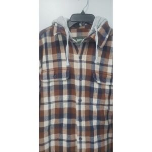 American Eagle Men Outfitters XL Flannel LS Brown Plaid Shirt Removable Hood